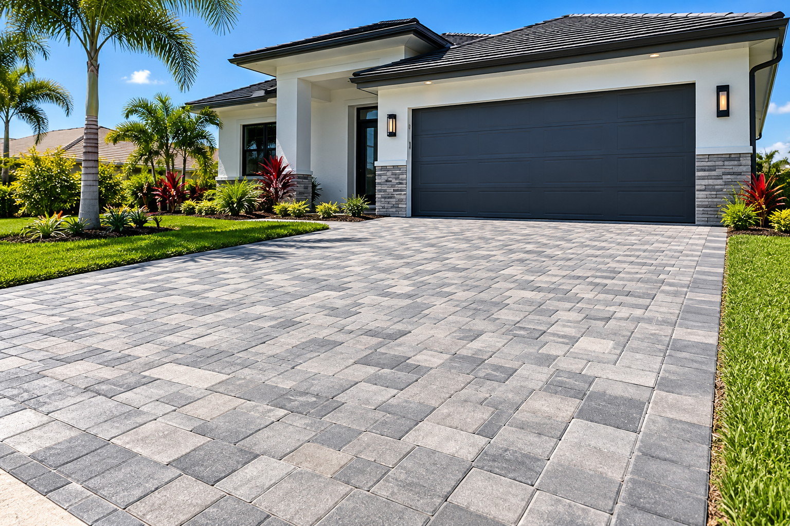 New gray paver driveway leading to a two-car garage at a white single-story home with palm trees.