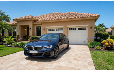 Tan travertine paver driveway leading to a two-car garage, with a dark sedan parked in front of a tile-roof home.