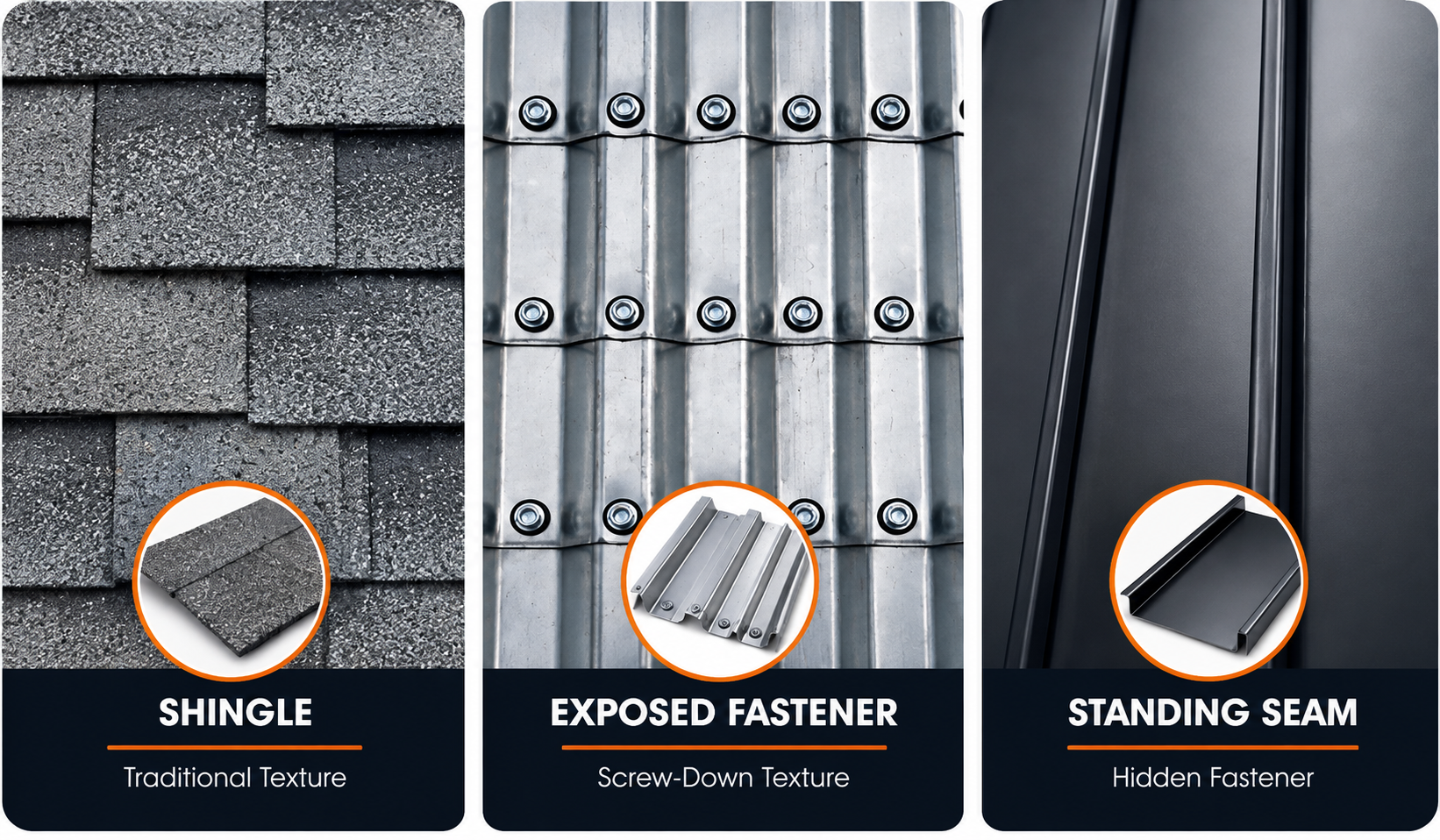 Standing seam shingle or exposed fastener metal roof